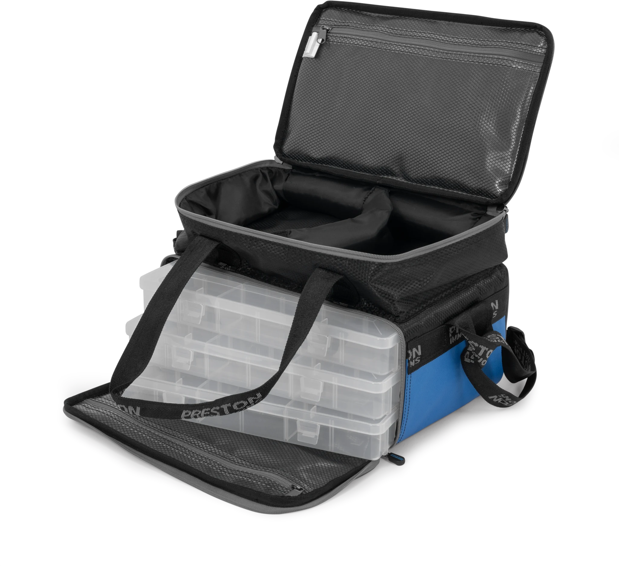Preston Competition XS Feeder Case geopend met drie opbergdozen
