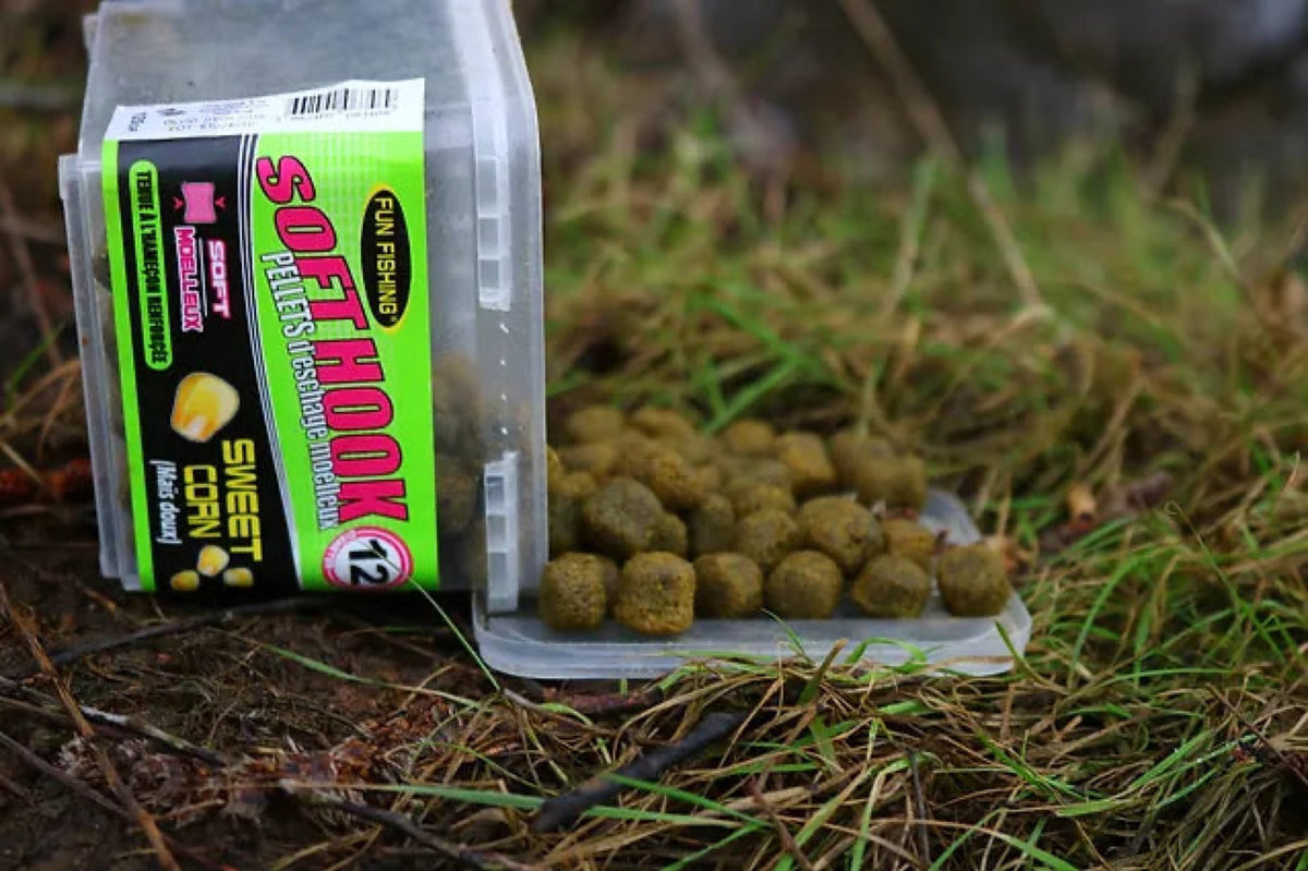 Fun Fishing Soft Hook Pellets Sweet Corn 12mm verpakking met pellets