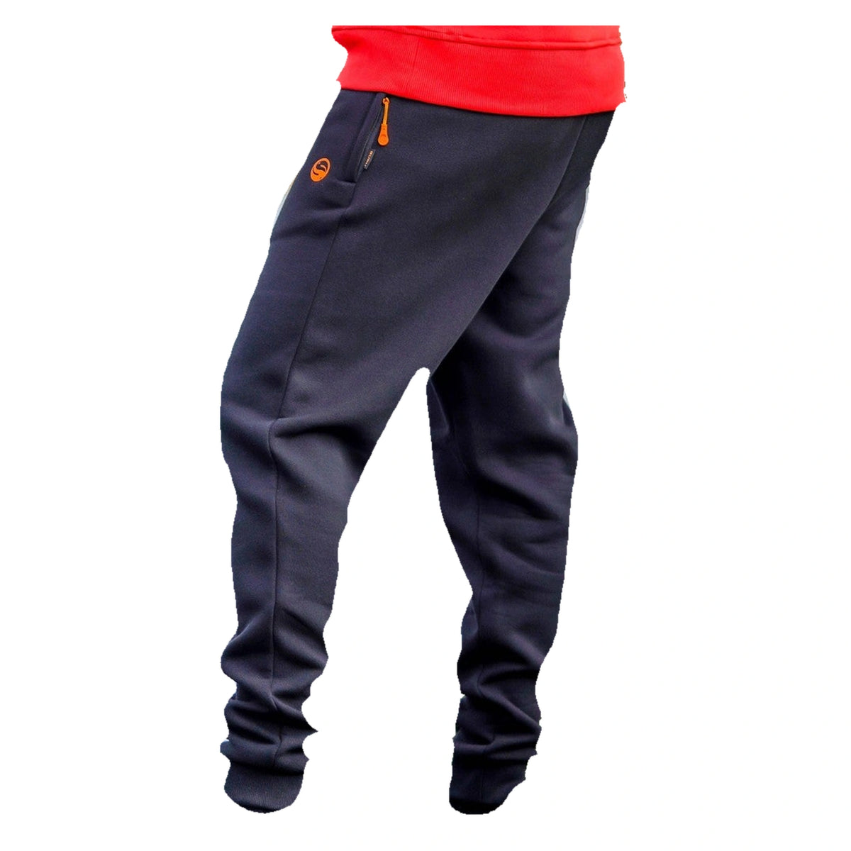 Guru Black Joggers – gedragen zijaanzicht met oranje ritstrekker op witte achtergrond