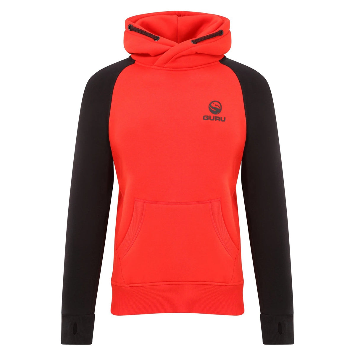 Guru Hoodie Red/Black, origineel vooraanzicht met Guru-borstlogo, kangoeroezak en duimgaten