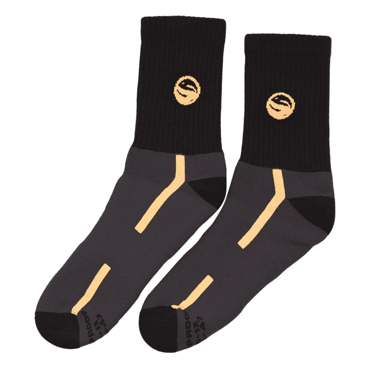 Guru Waterproof Socks, zwart en grijs paar sokken met gele strepen en Guru-logo’s
