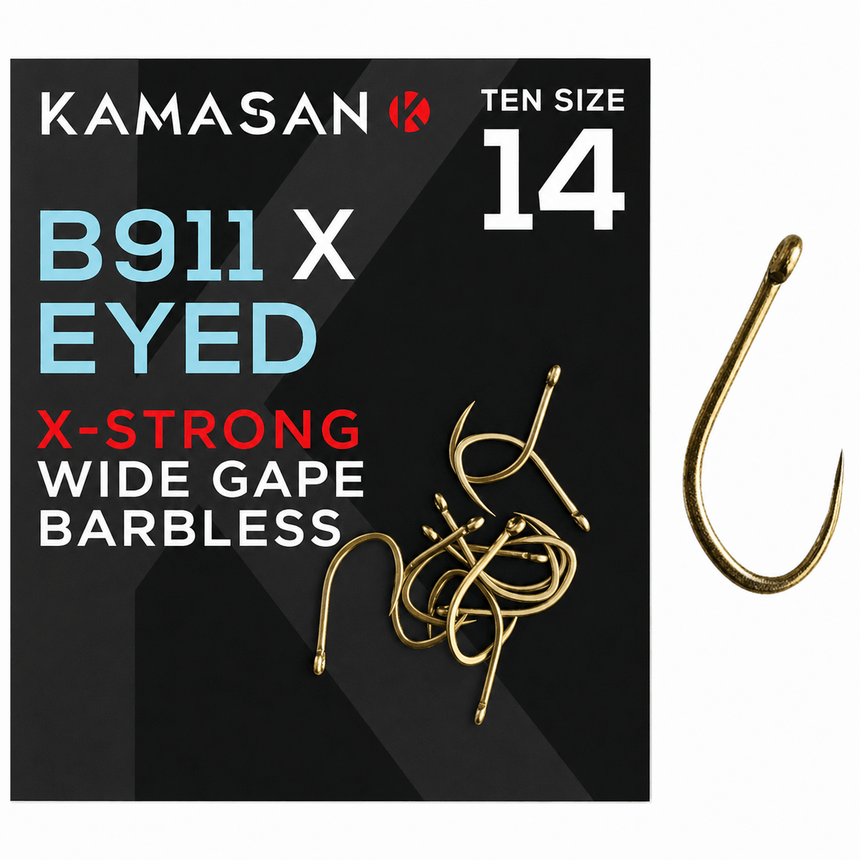Kamasan-B911-eyed-X-strong-wide-gape-barbless-haak-size-14