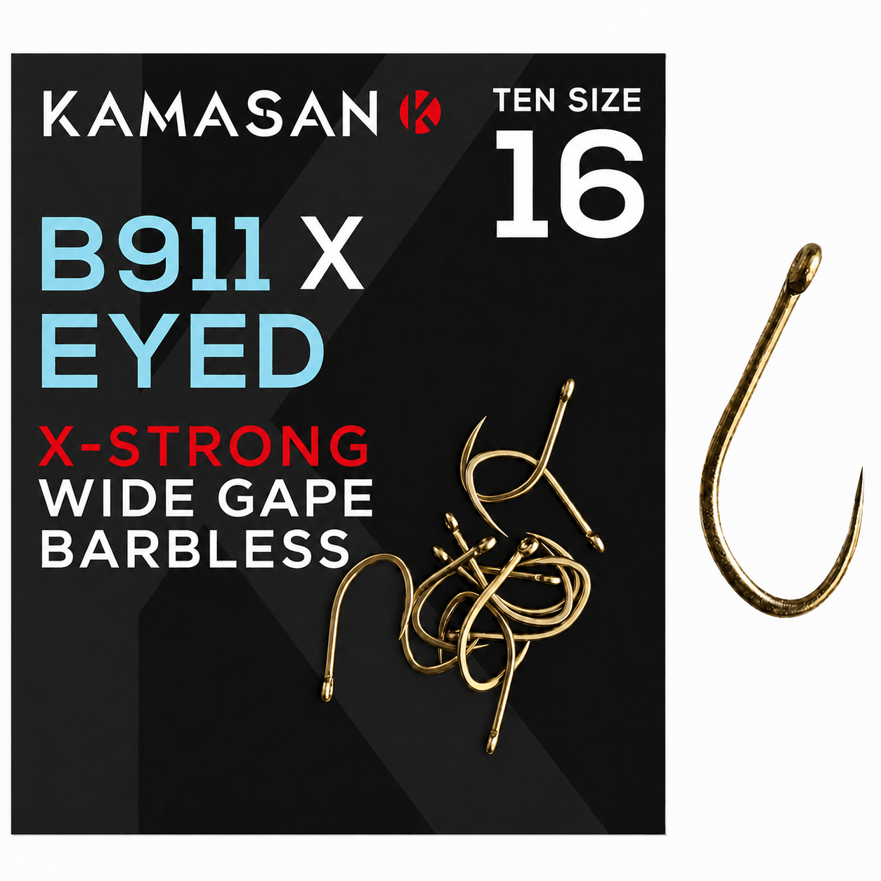 Kamasan-B911-eyed-X-strong-wide-gape-barbless-haak-size-16