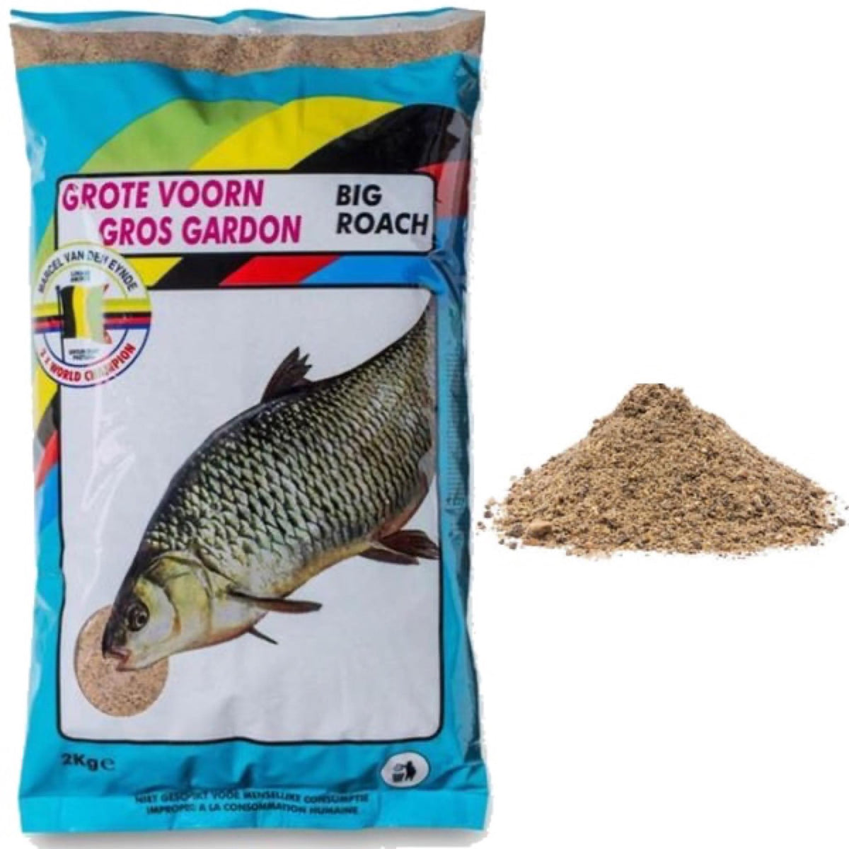 Marcel van den Eynde Big Roach Groundbait 2kg voerstructuur naast verpakking