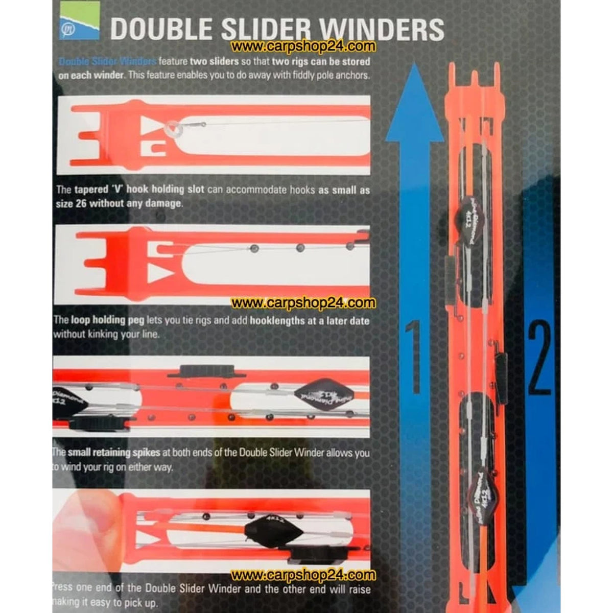Preston InBox Double Winder gebruiksinformatie met dubbel schuifsysteem