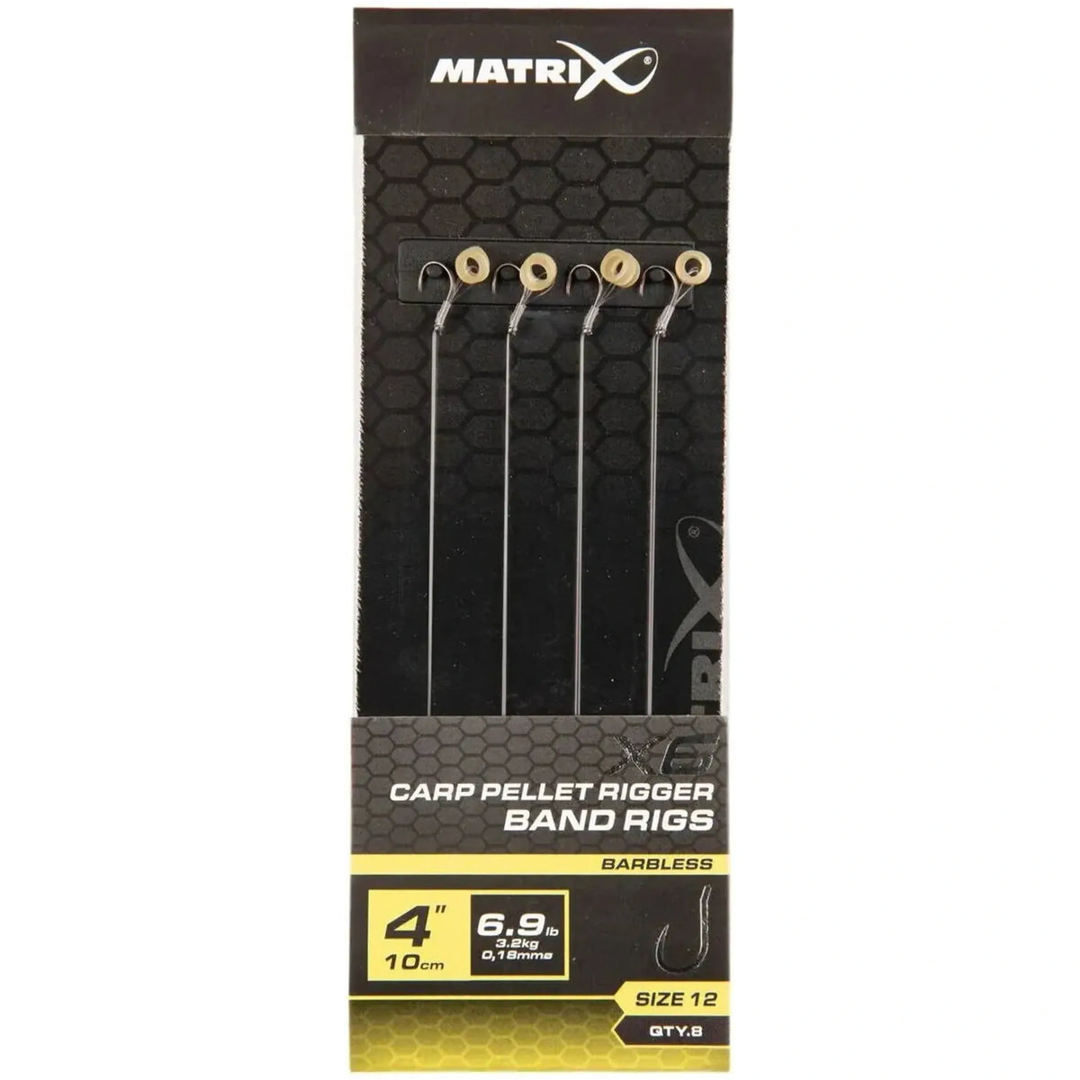 Matrix X6 Carp Pellet Rigger Band Rigs 4 inch / 10 cm – haak 12, 0.18 mm, zonder weerhaak, met bait band