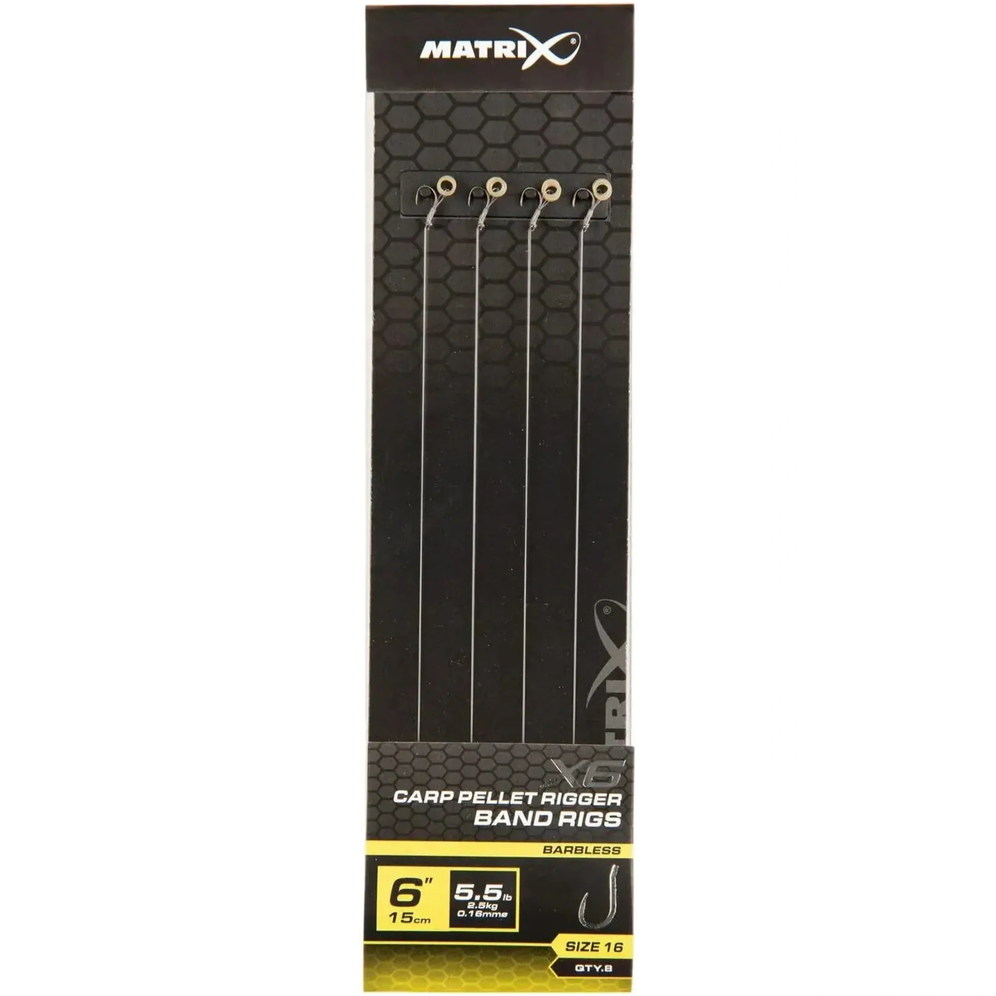 Matrix X6 Carp Pellet Rigger Band Rigs 6 inch / 15 cm – haak 16, 0.16 mm, zonder weerhaak, met bait band