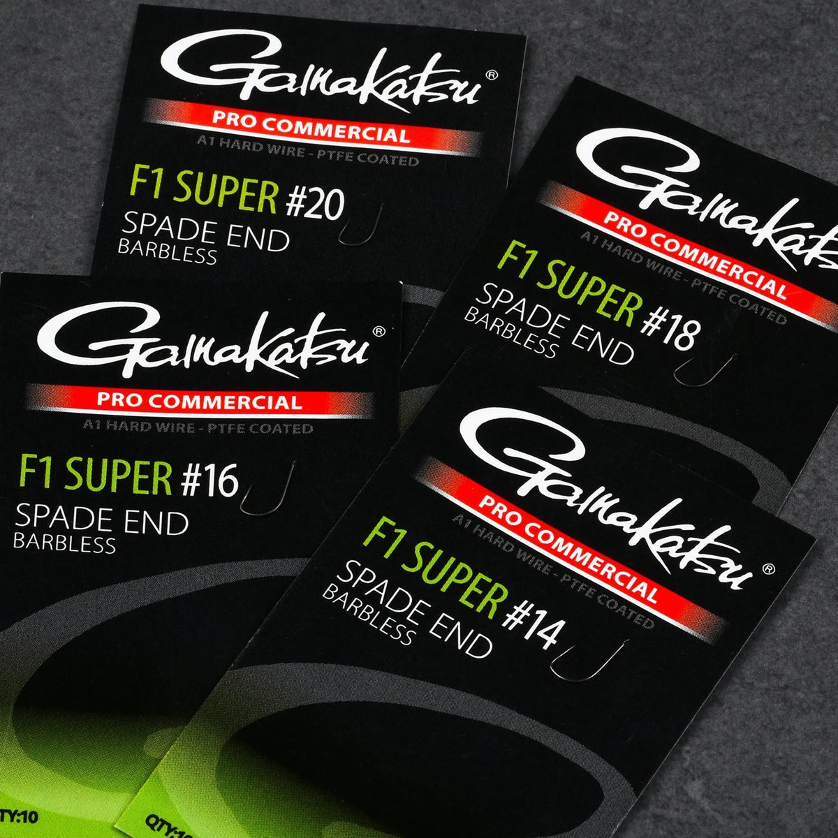 Gamakatsu Pro Commercial F1 Super Spade End Barbless – verpakking met weerhaakloze bledhaken en beschikbare maten