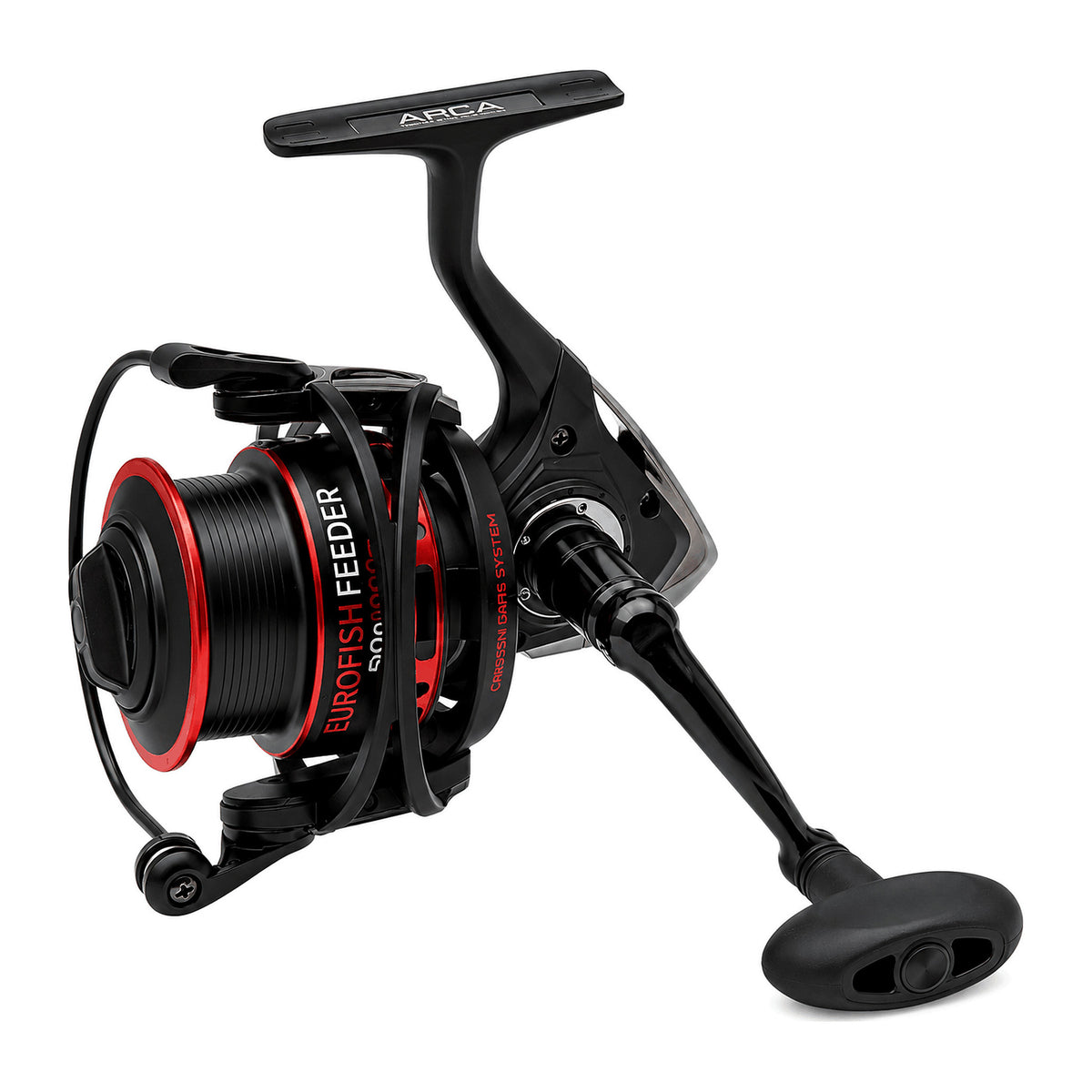 Arca Eurofish Feeder RS feedermolen in zwart met rode spoelrand en zwarte slinger