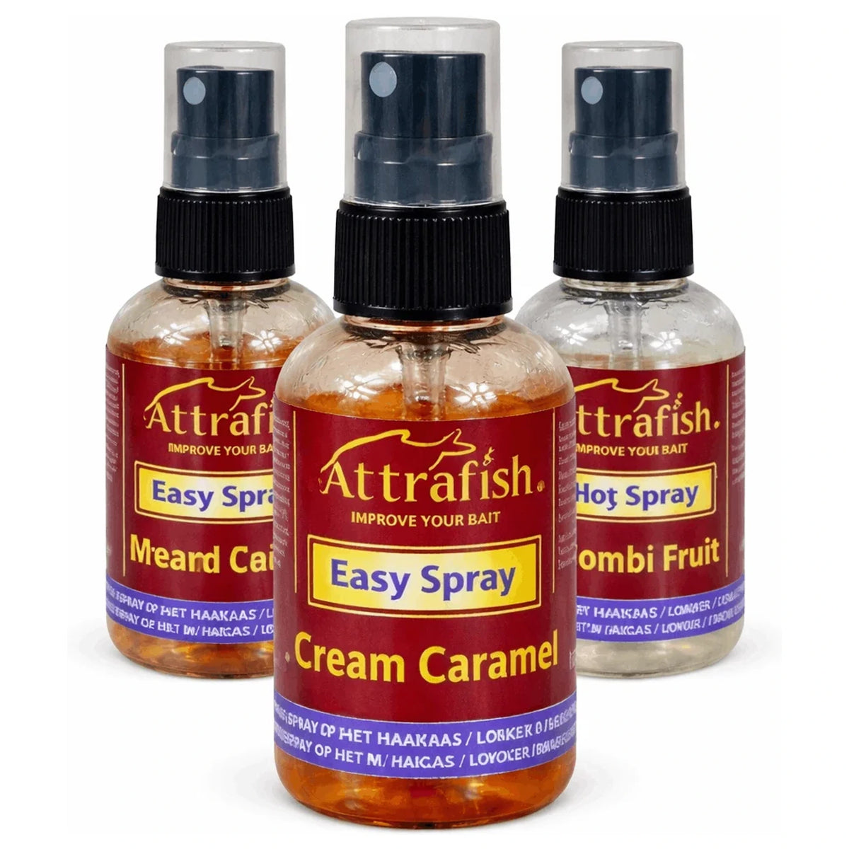 Drie Attrafish sprayflacons met Cream Caramel vooraan