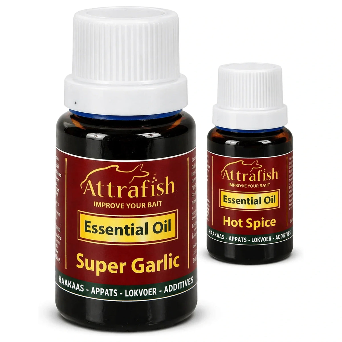 Attrafish Essential Oil 15 ml met Super Garlic vooraan en Hot Spice rechts