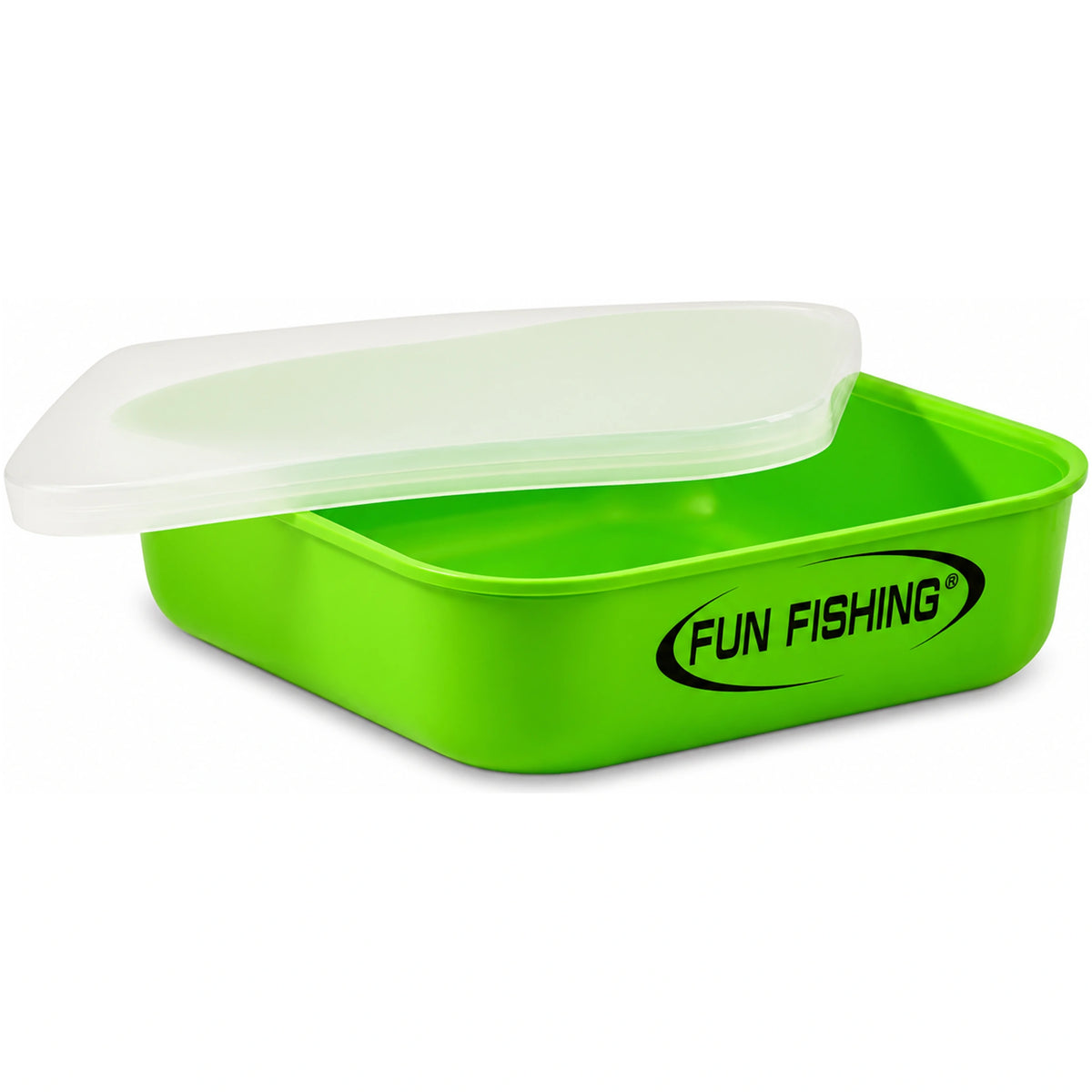 Groene Fun Fishing aasdoos met een schuin geopend doorschijnend deksel.