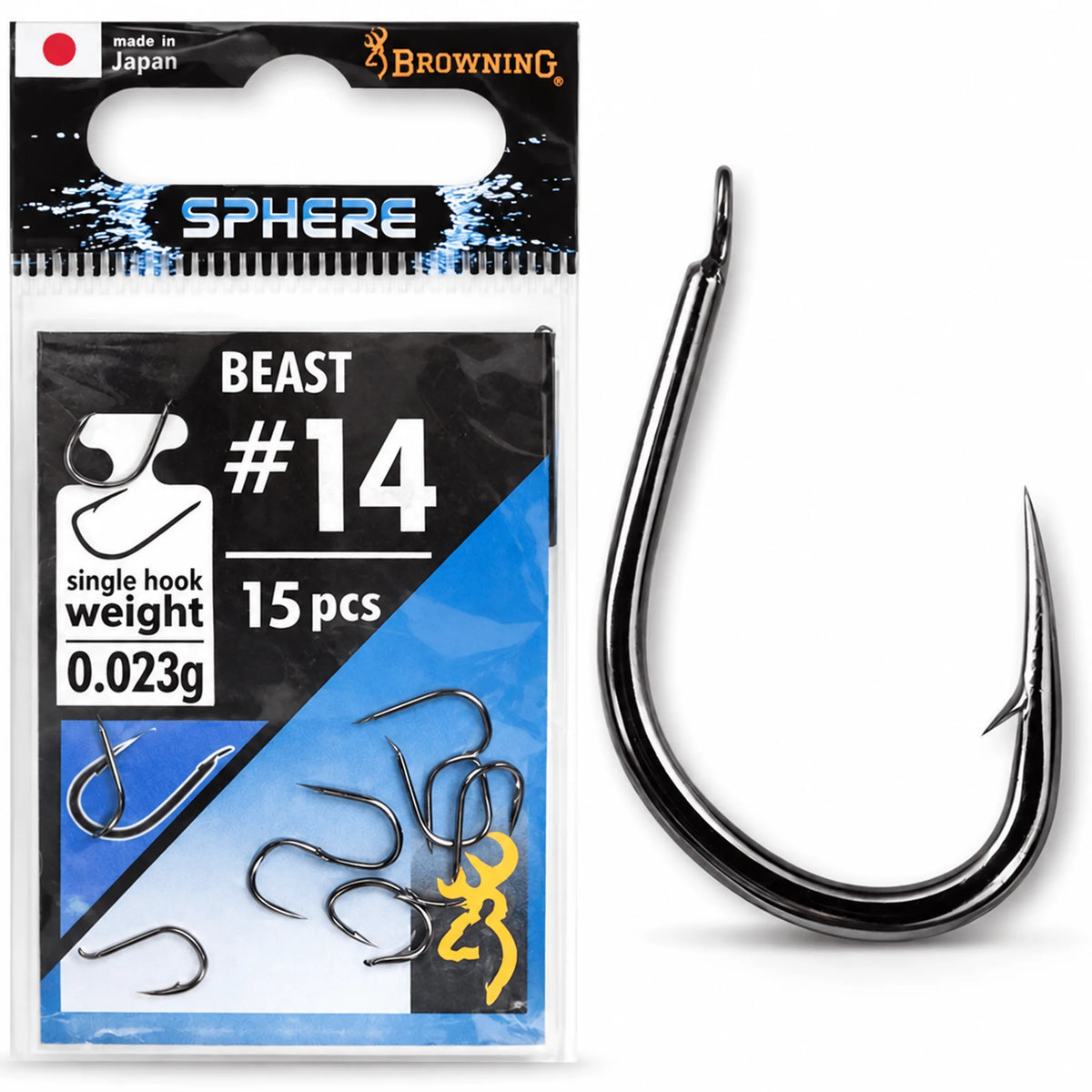 Browning Sphere Beast haak met weerhaak maat 14 (0,023 g), verpakking van 15 stuks