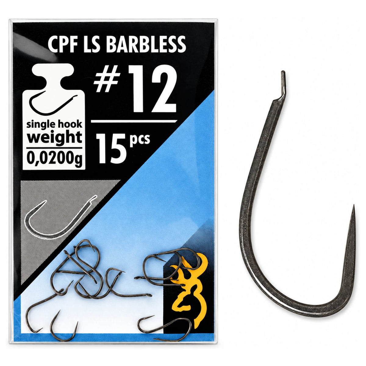Browning CPF LS Barbless-verpakking maat 12 met 15 haken en een vergrote weerhaakloze haak met bled
