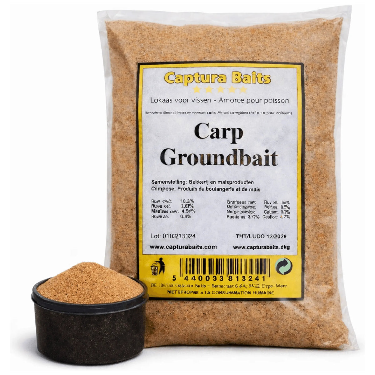 Captura Baits Carp Groundbait in doorzichtige zak met zwart bakje bruin grondvoer