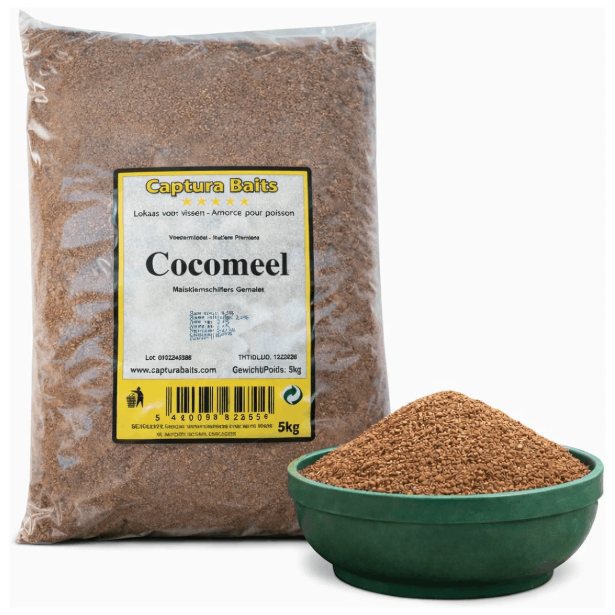 Captura Baits Cocomeel 5 kg met groene kom bruin kokosmeel