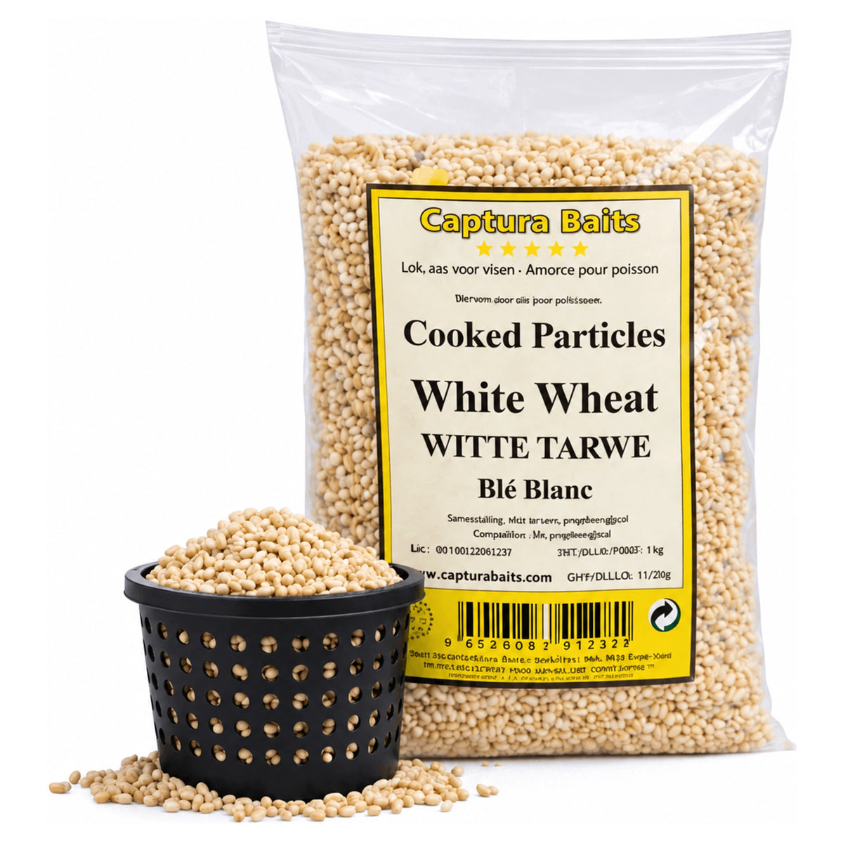 Captura Baits Cooked White Wheat 1kg – zak met voerkorf op witte achtergrond