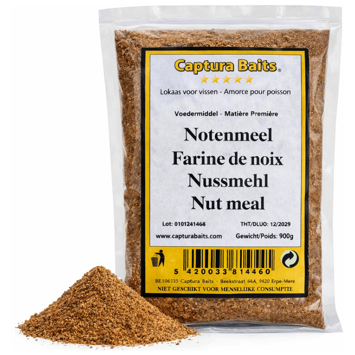 Captura Baits Notenmeel 900 g met een hoopje bruin notenmeel