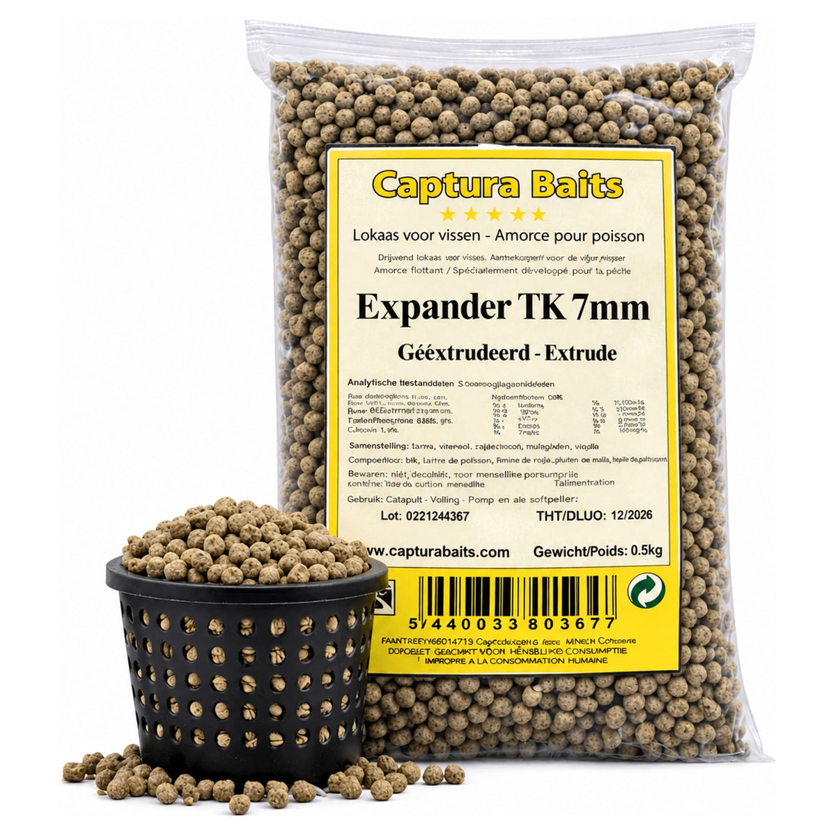 Zak Captura Baits Expander TK 7mm met een zwart korfje en losse grijsbruine pellets