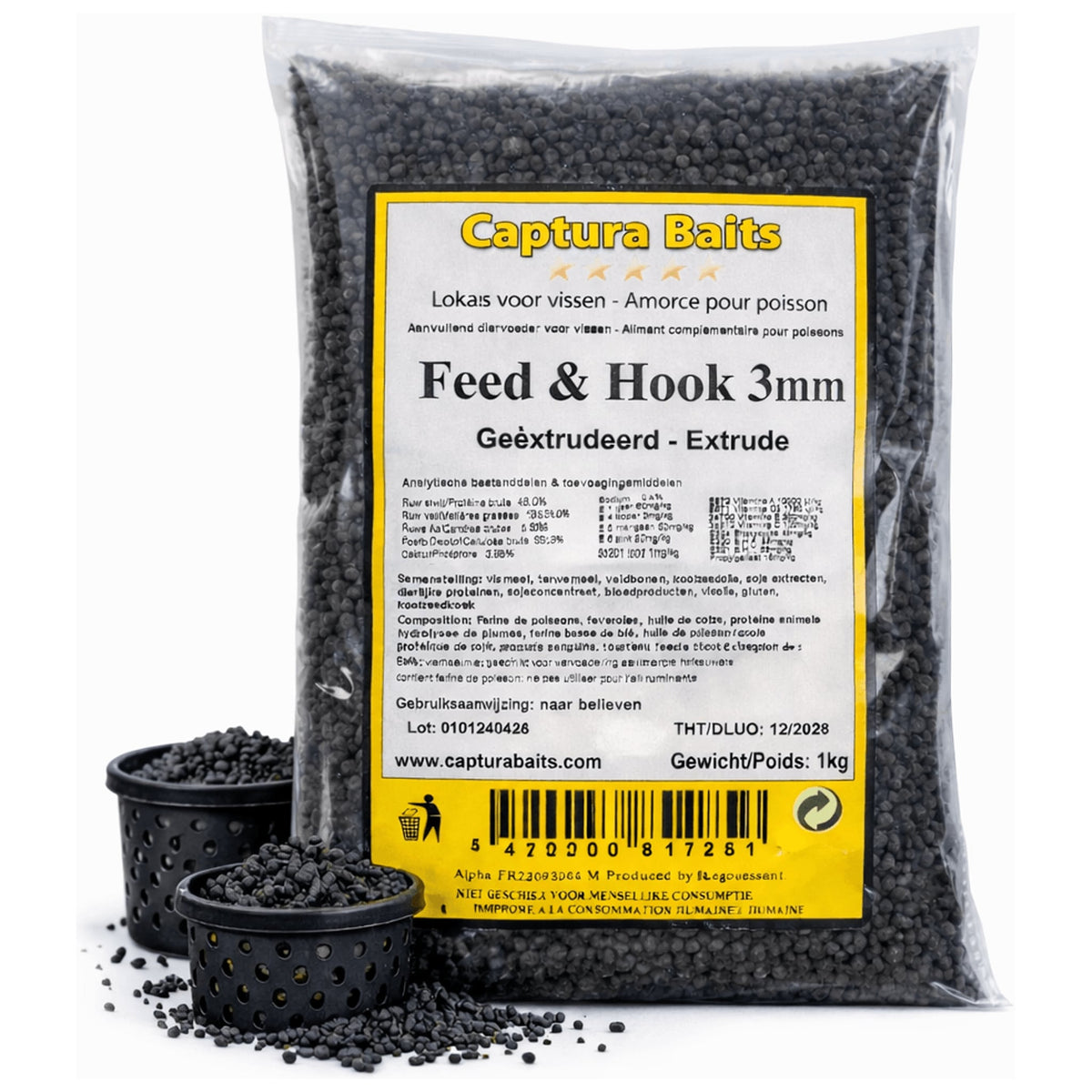 Captura Baits Feed & Hook 3 mm van 1 kg met twee zwarte aasbakjes en losse pellets