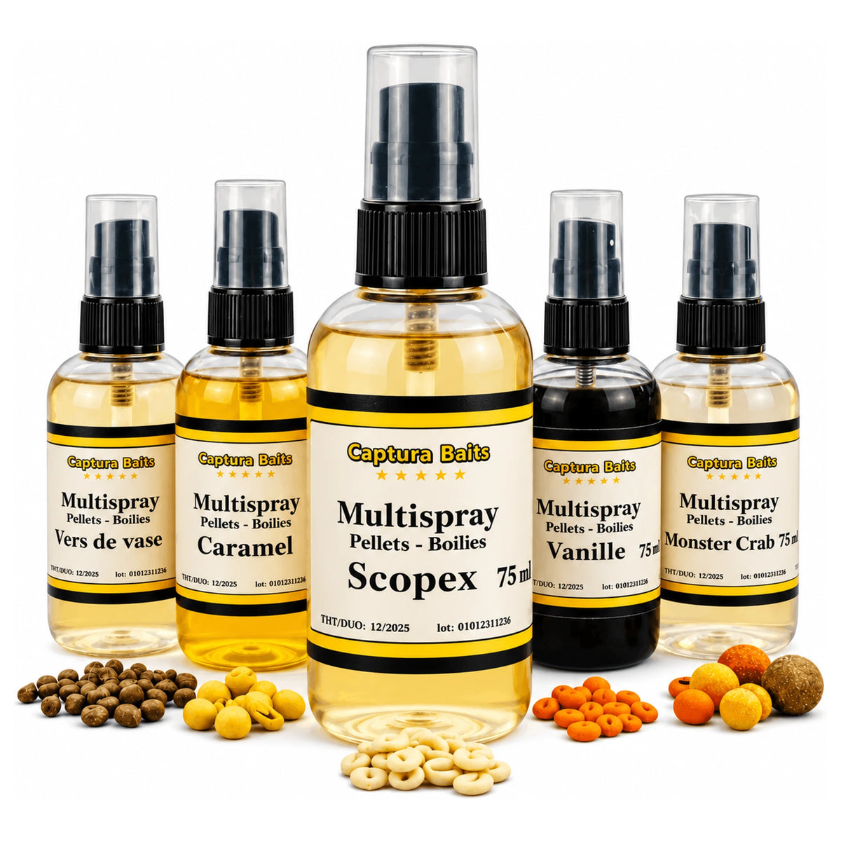 Captura Baits Multispray flessen met Scopex centraal en aas op de voorgrond