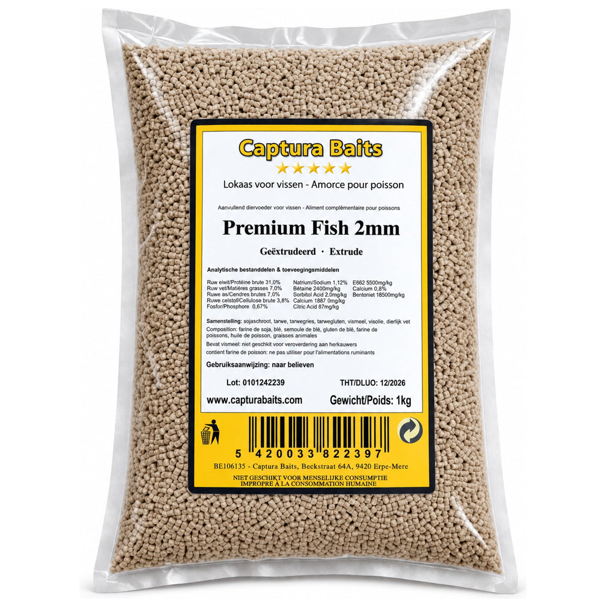 Captura Baits Premium Fish 2 mm: transparante zak met grijze pellets van 1 kg