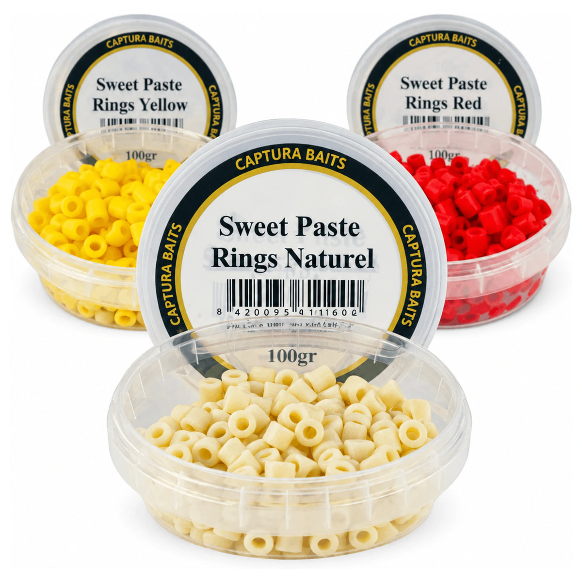 Captura Baits Sweet Paste Rings in naturel, geel en rood met geopende bakjes