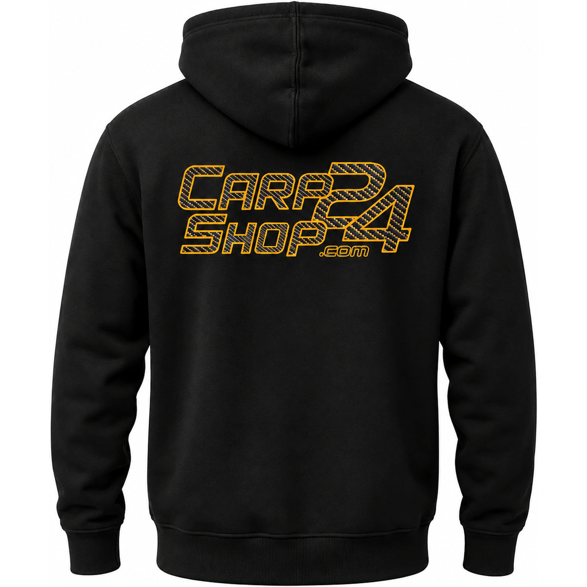 Achterkant van de zwarte CARPSHOP24 fleece hoodie met groot goudkleurig logo