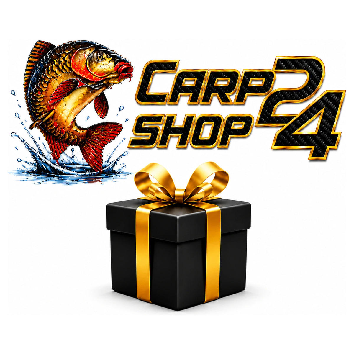 Carpshop24-logo met een goudkleurige karper en een zwarte geschenkdoos met gouden strik