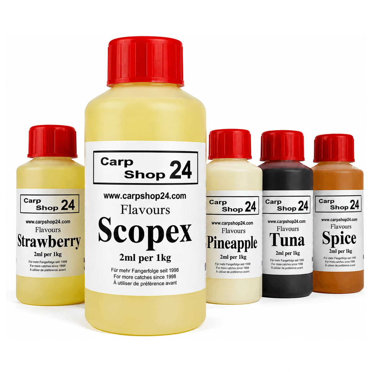 Carp Shop 24 Flavours flessen met Scopex centraal vooraan