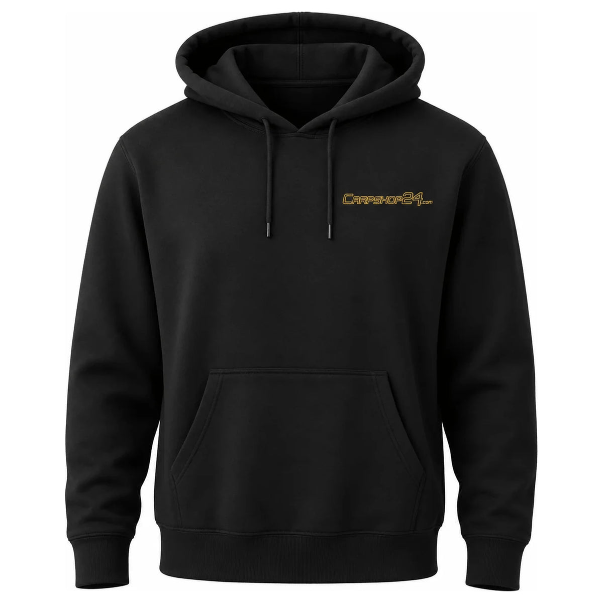 Voorkant van de zwarte CARPSHOP24 fleece hoodie met klein borstlogo