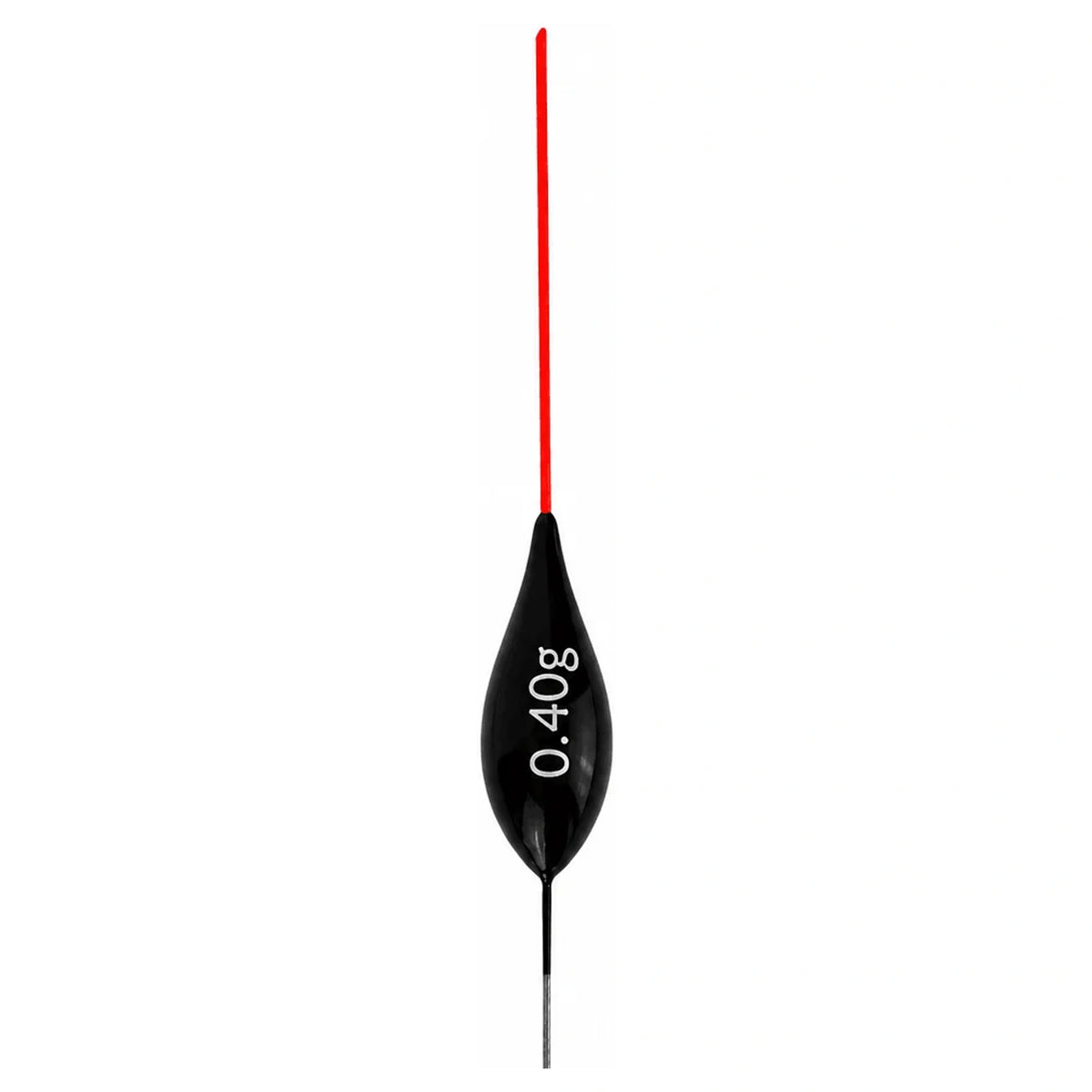Zwarte druppelvormige dobber met rode antenne en witte opdruk 0.40g