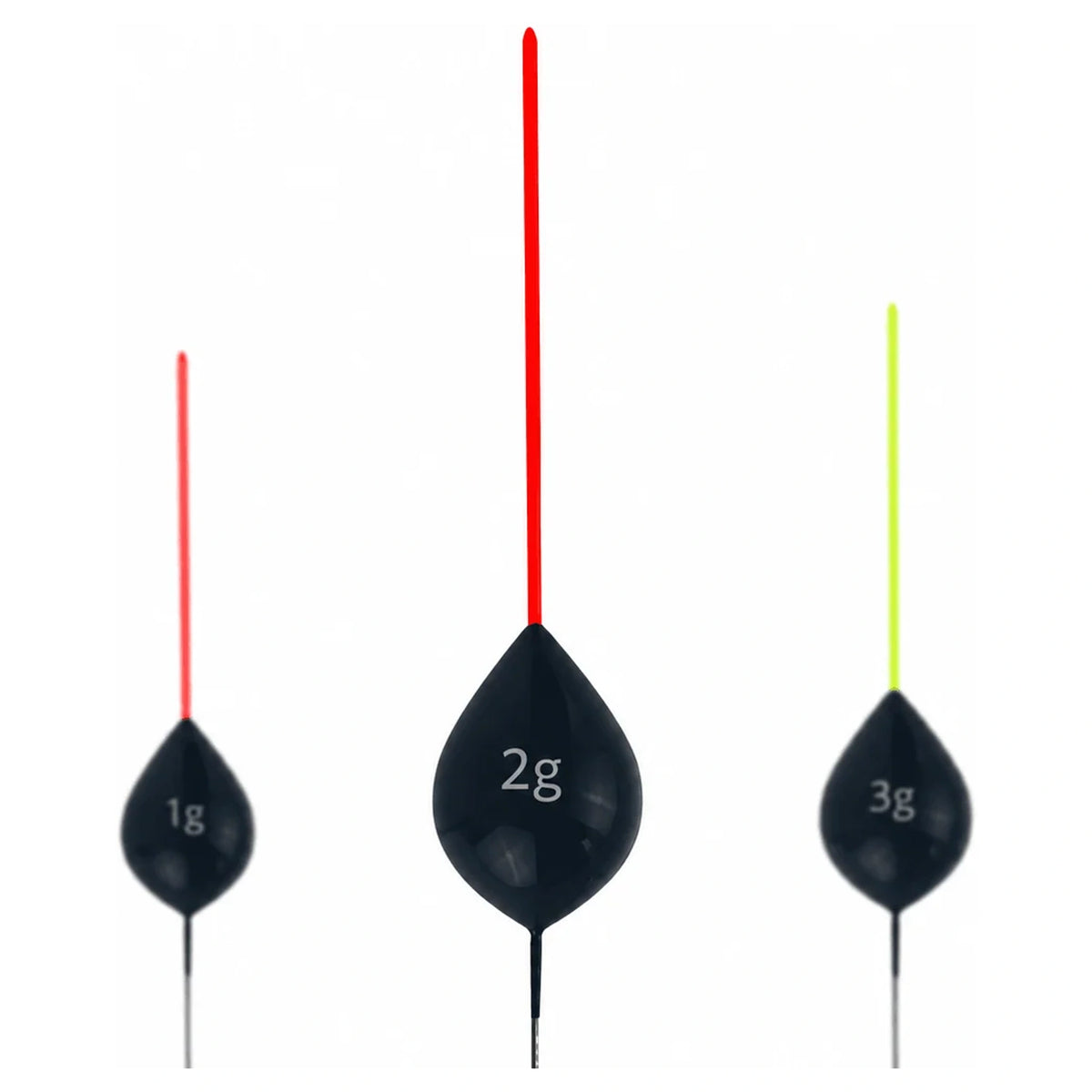 Drie zwarte druppelvormige dobbers met rode en geelgroene antennes en opdruk 1g, 2g en 3g