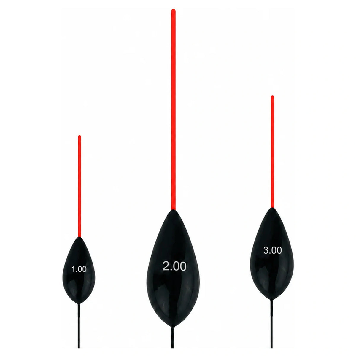 Drie zwarte dobbers met rode antennes en witte opdruk 1.00, 2.00 en 3.00