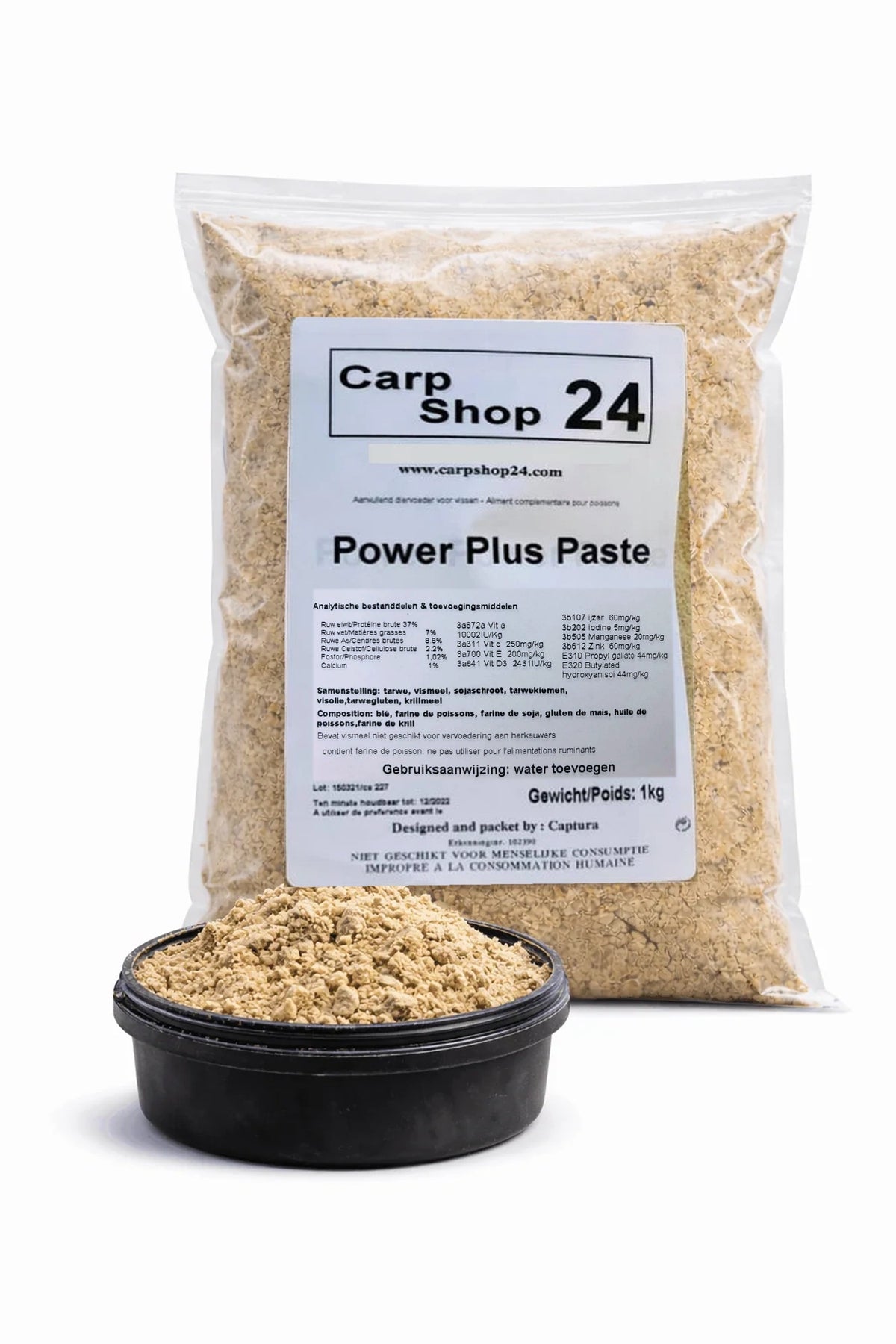 Carpshop24 Power Plus Paste 1 kg – detail van verpakking en aangemaakte paste in bakje