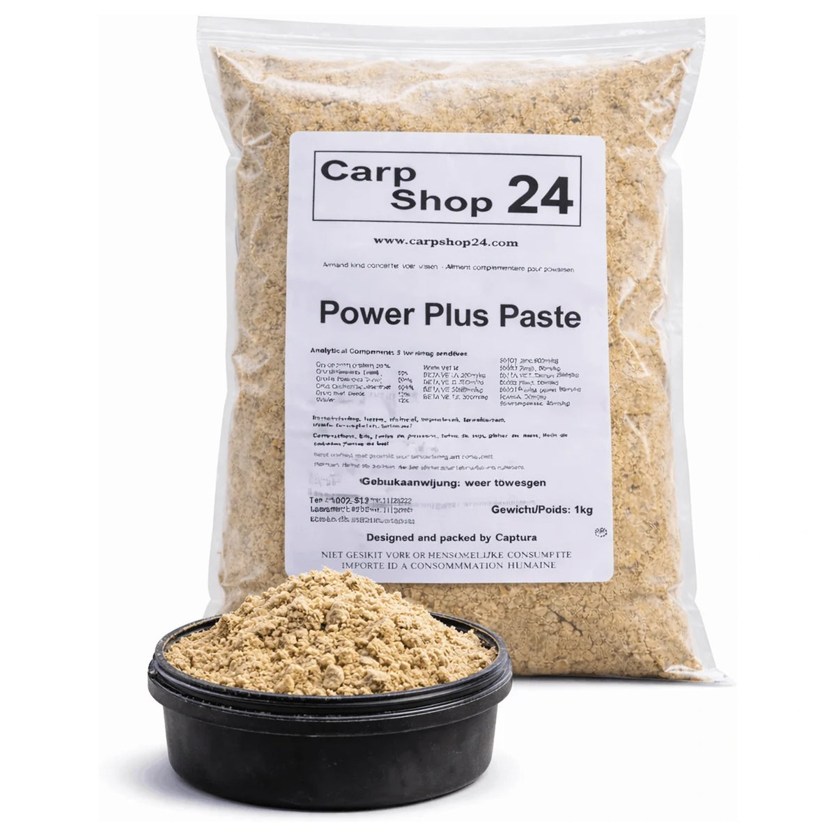 Carpshop24 Power Plus Paste 1 kg – verpakking met droge paste en bakje haakdeeg