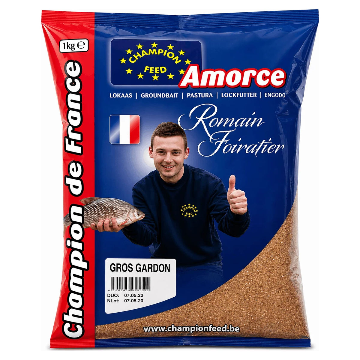 Blauw-rode Champion Feed Gros Gardon-verpakking met visser, vis en Franse vlag, vooraanzicht