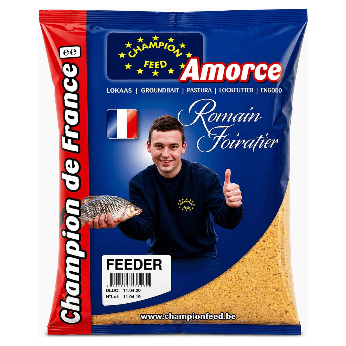 Blauw-rode Champion Feed Feeder-verpakking met visser, vis en Franse vlag, vooraanzicht