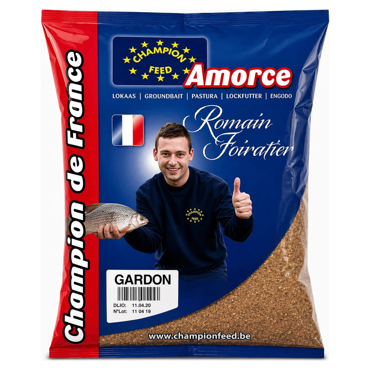 Blauw-rode Champion Feed Gardon-verpakking met visser, vis en Franse vlag, vooraanzicht