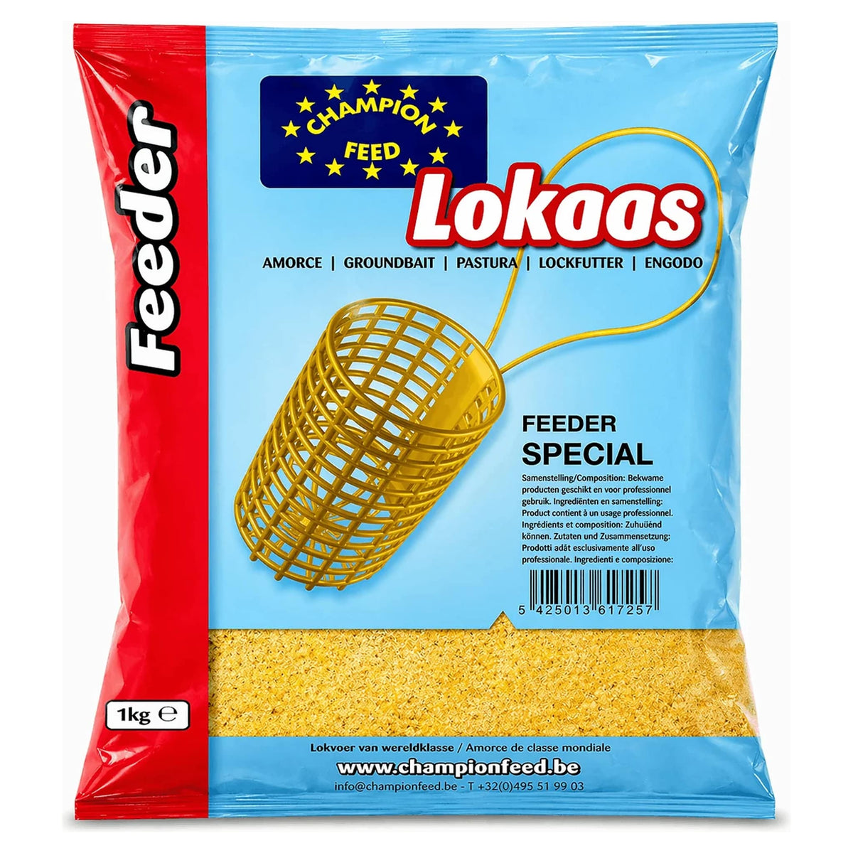 Lichtblauw-rode Champion Feed Feeder Special-zak met gele voerkorf en zichtbaar geel voer, vooraanzicht