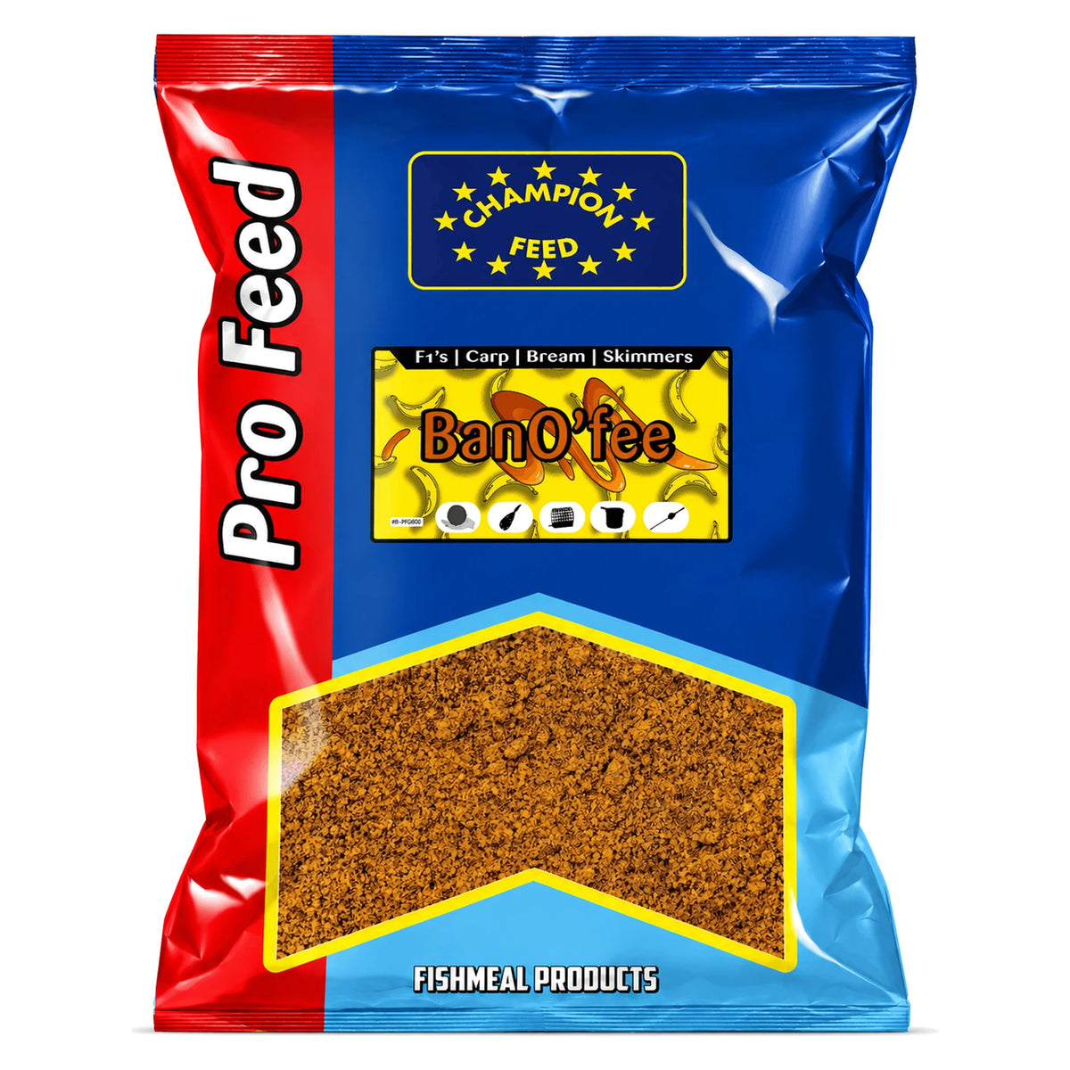 Champion Feed Pro Feed Bano’fee 2 kg – rood-blauwe verpakking met geel banaanetiket en goudbruine grondvoermix, PFGB003