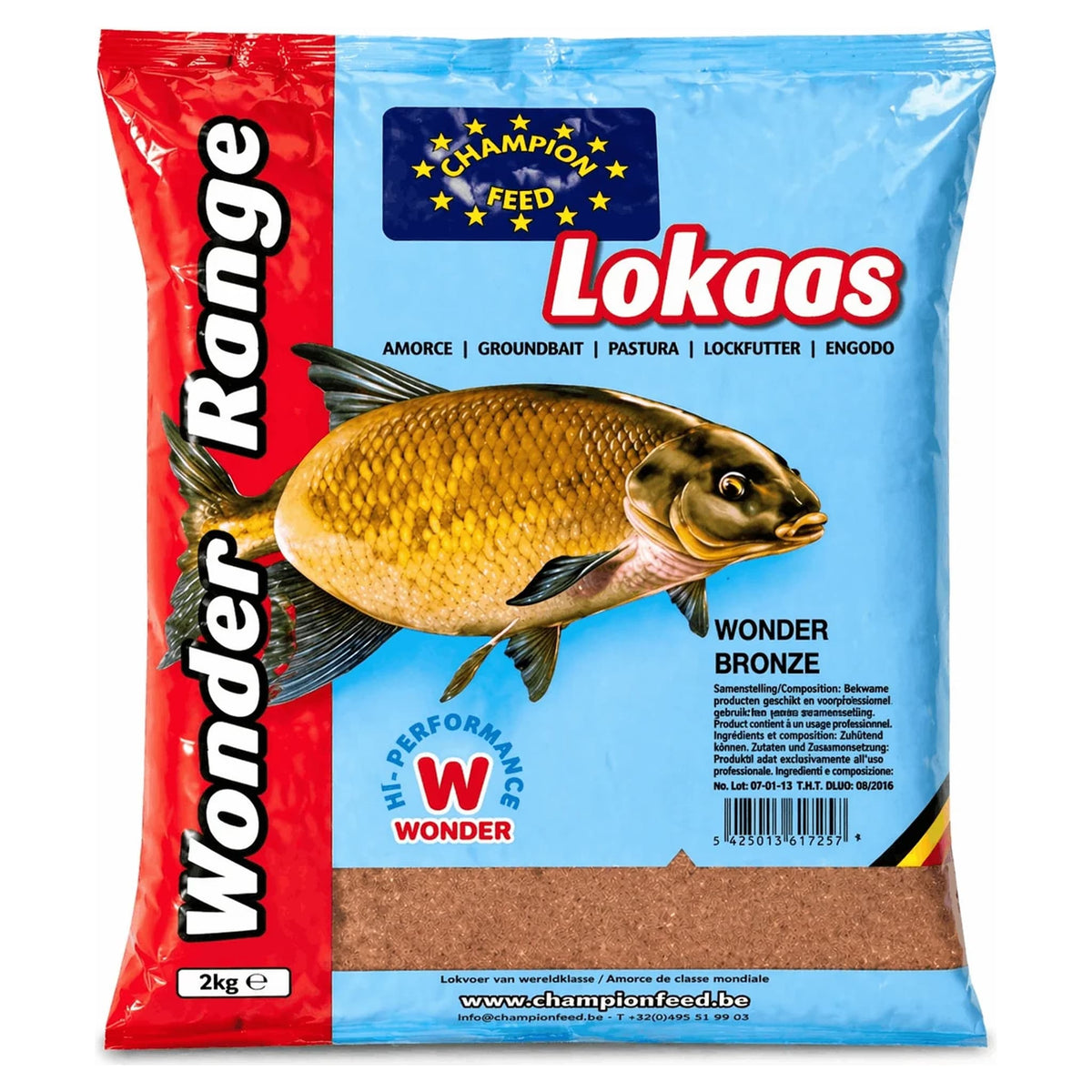 Lichtblauw-rode Champion Feed Wonder Bronze-zak van 2 kg met gouden brasem en zichtbaar bruin voer