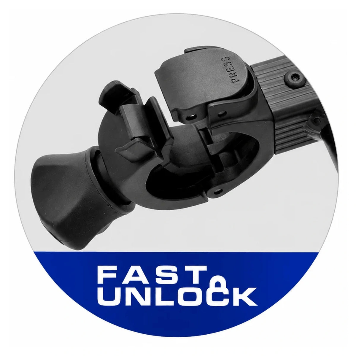 Colmic Bucket – detail van de zwarte Fast Unlock-snelkoppeling met drukknop