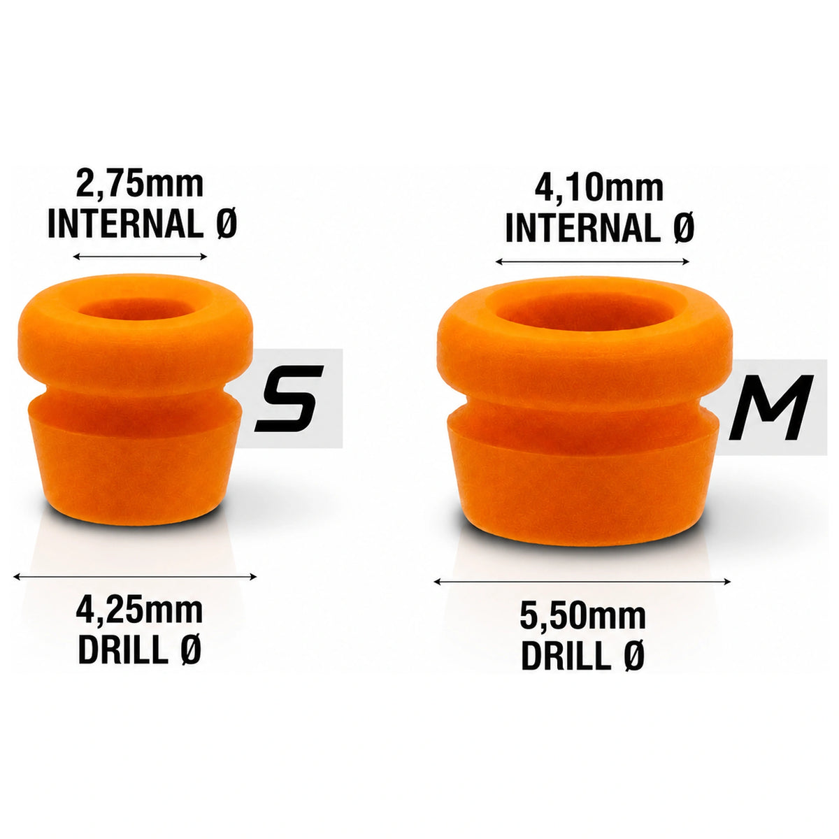 Twee oranje Colmic Easy Strippa-bussen S en M met opdruk van binnen- en boordiameters