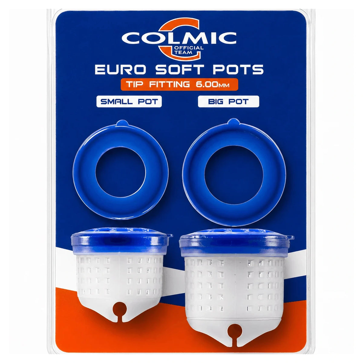 Colmic Euro Soft Pots 6 mm – kleine en grote witte voerpot met blauwe deksels op de verpakking