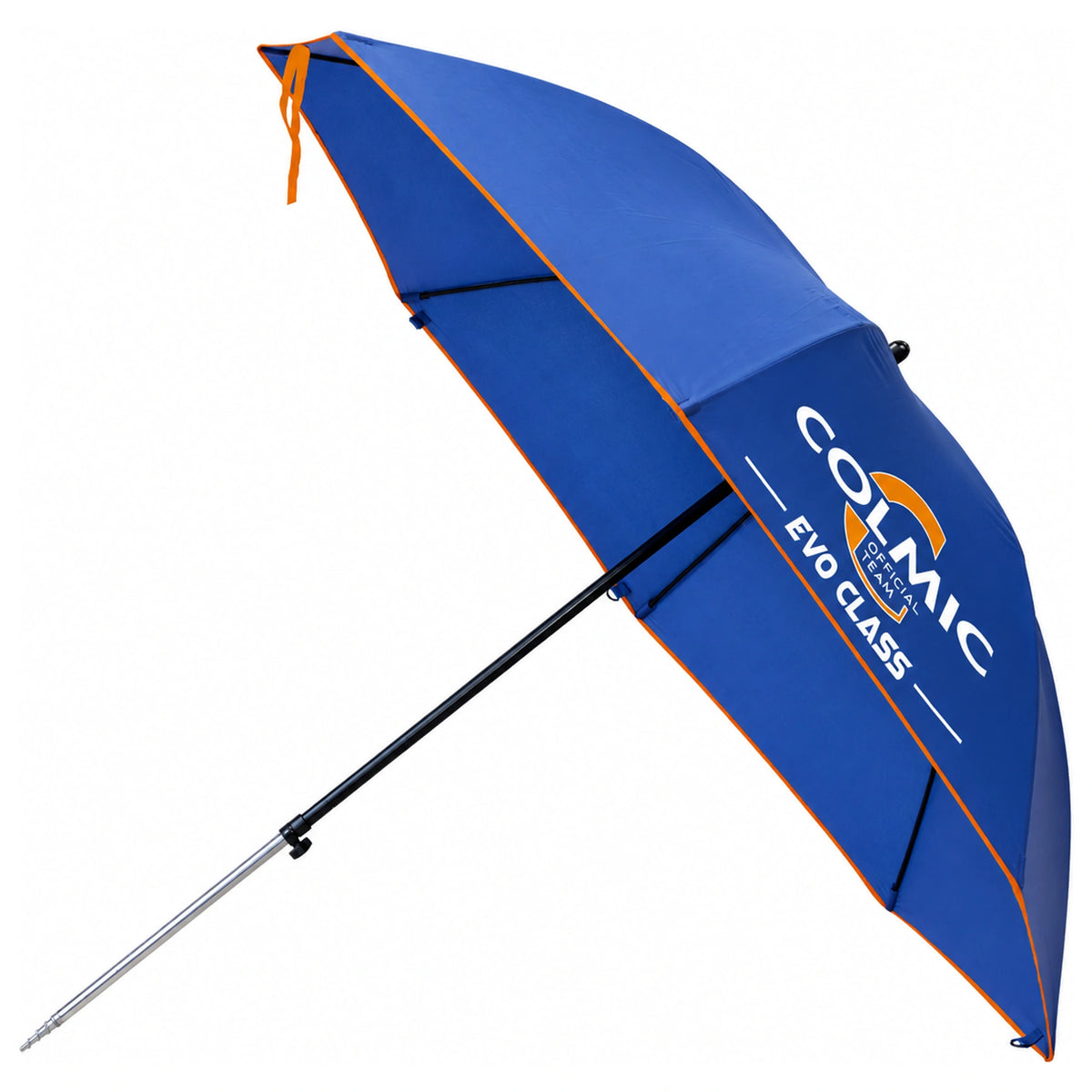 Colmic Evo Class visparaplu met blauw doek, oranje afwerking en verstelbare steel
