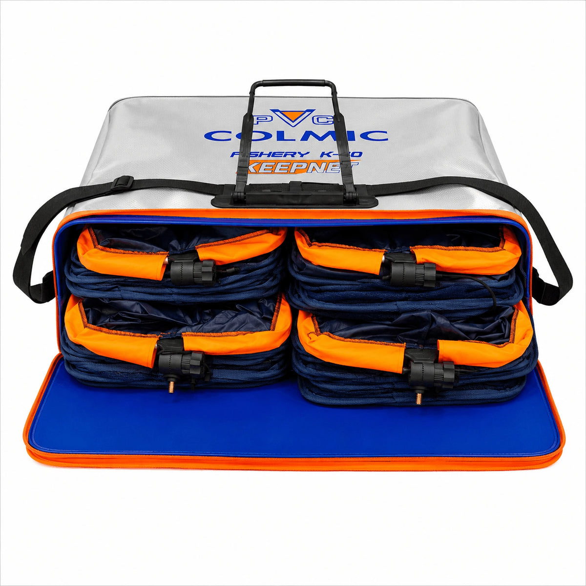Colmic Fishery K-40 – geopende leefnettas met vier opgevouwen leefnetten