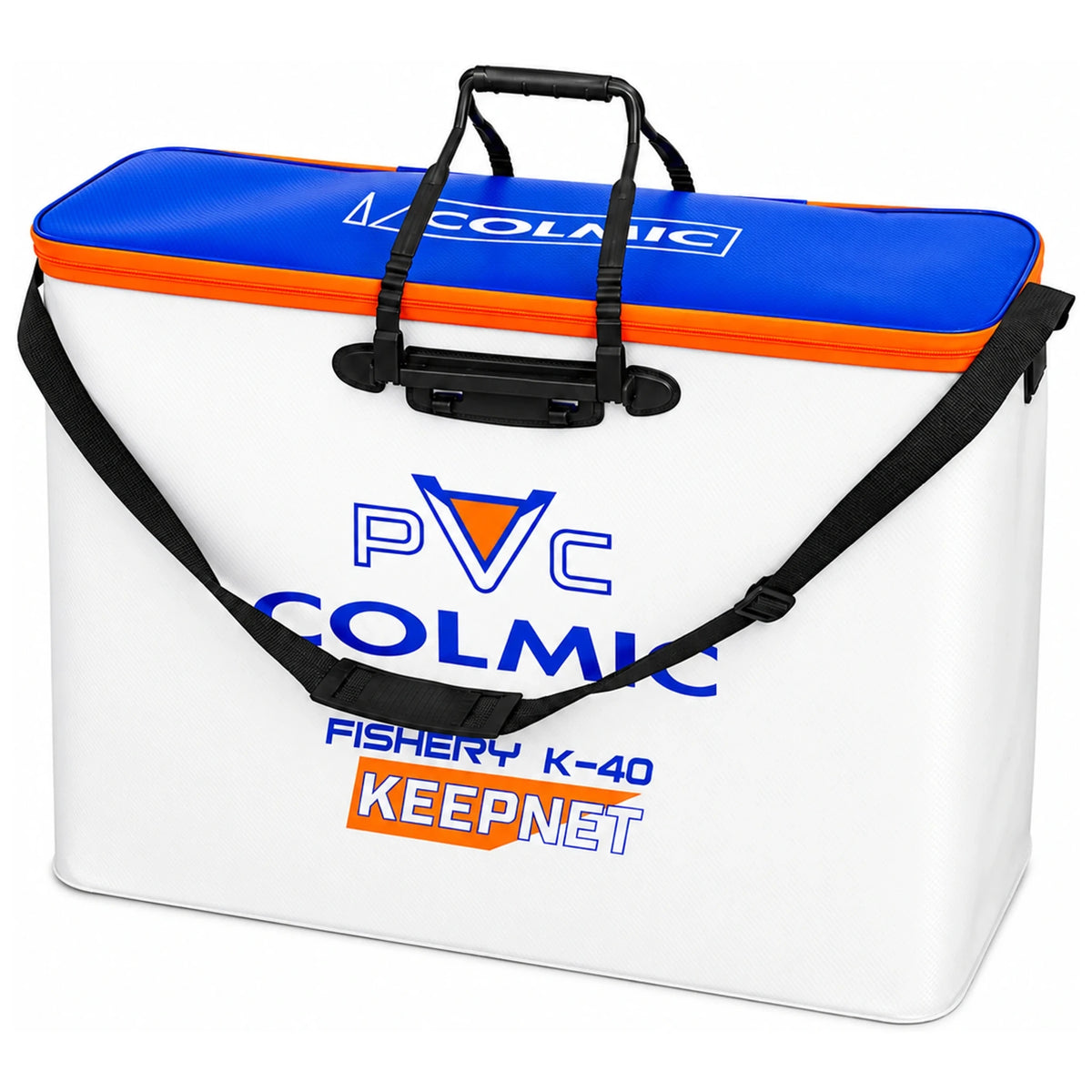 Colmic Fishery K-40 leefnettas met blauwe deksel, oranje rits en zwarte draagriem