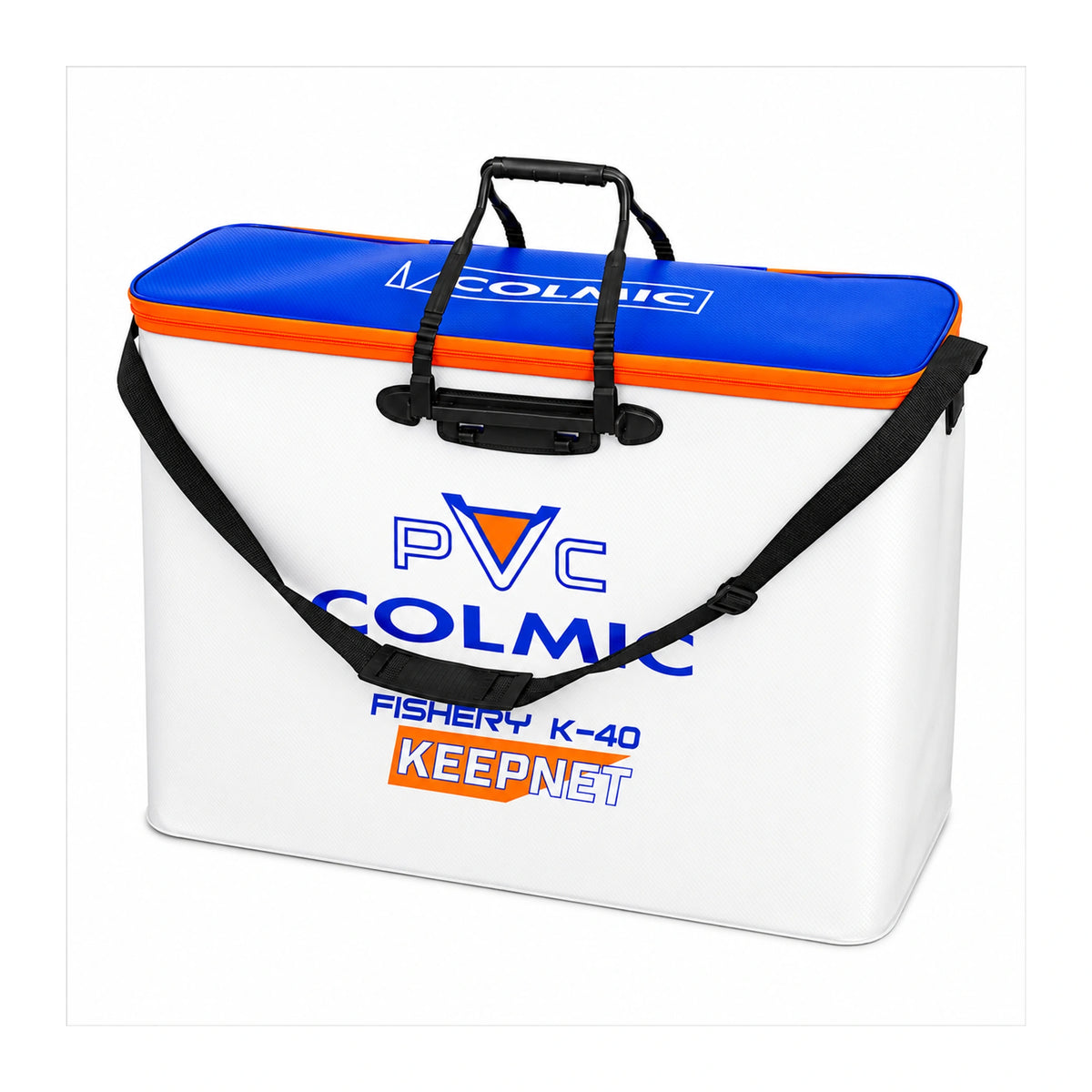 Colmic Fishery K-40 leefnettas met blauwe deksel, oranje rits en zwarte draagriem