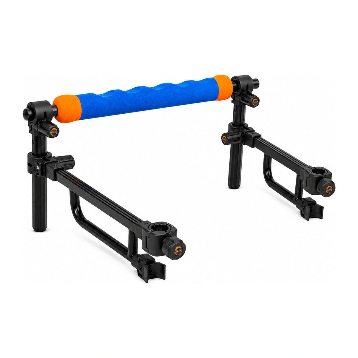 Colmic Frontal Bar Double Arms met blauwe hengelsteun, oranje uiteinden en dubbele zwarte steunarmen